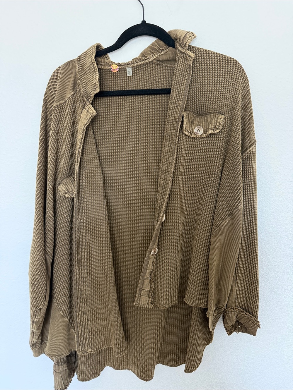 FP one Lightweight Waffle-Knit Button Front Shirt Jacket in Taupe